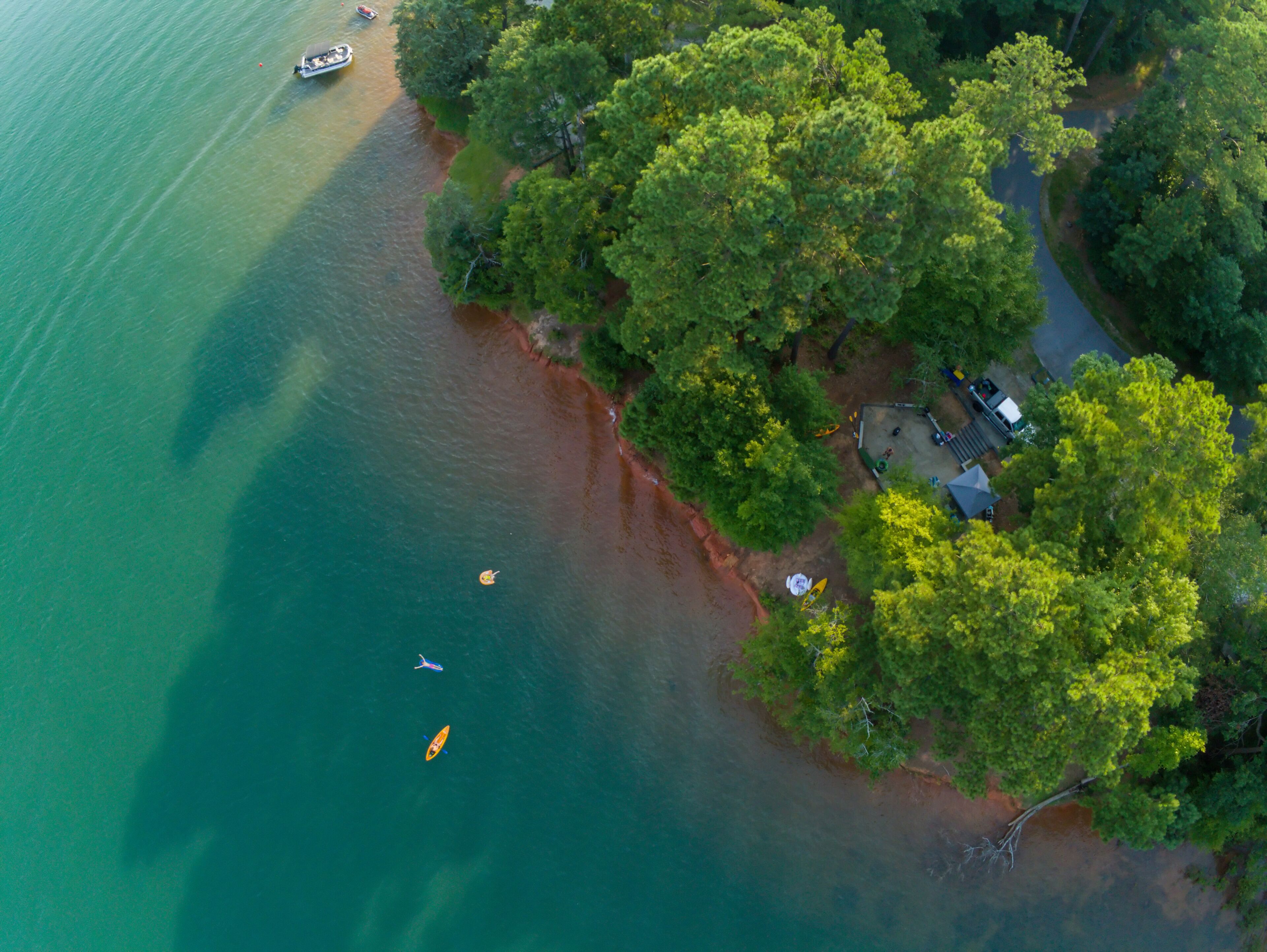 aerial over lake hartwell south carolina and georgia line at sunset
