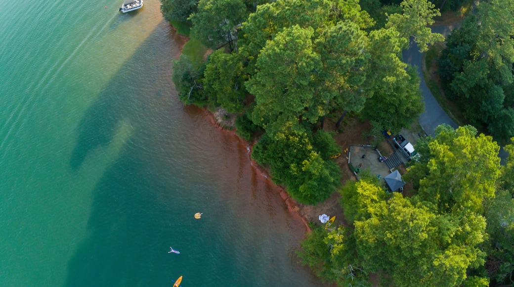 aerial over lake hartwell south carolina and georgia line at sunset