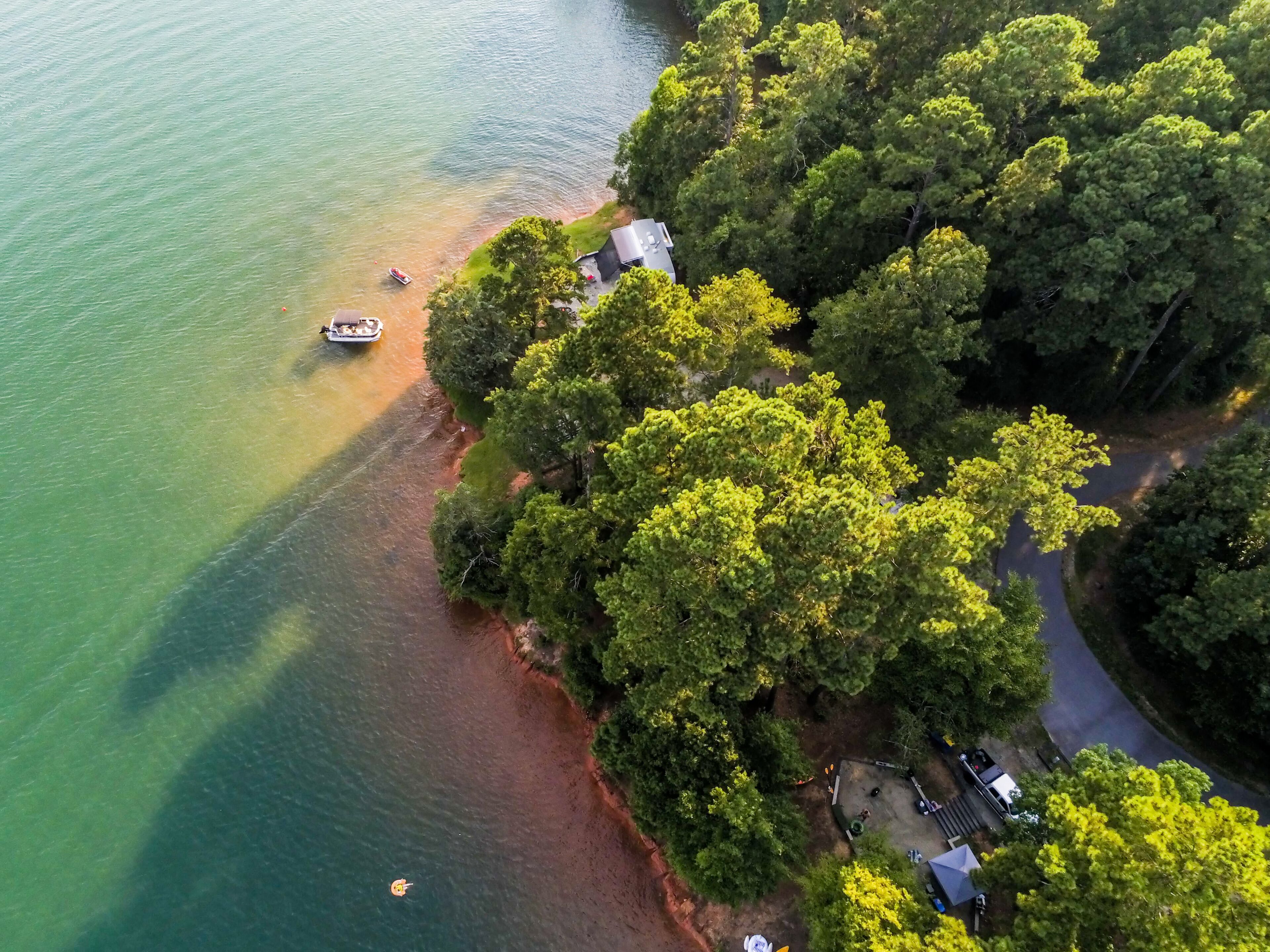 aerial over lake hartwell south carolina and georgia line at sunset