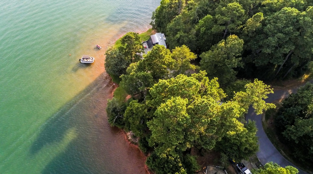 aerial over lake hartwell south carolina and georgia line at sunset