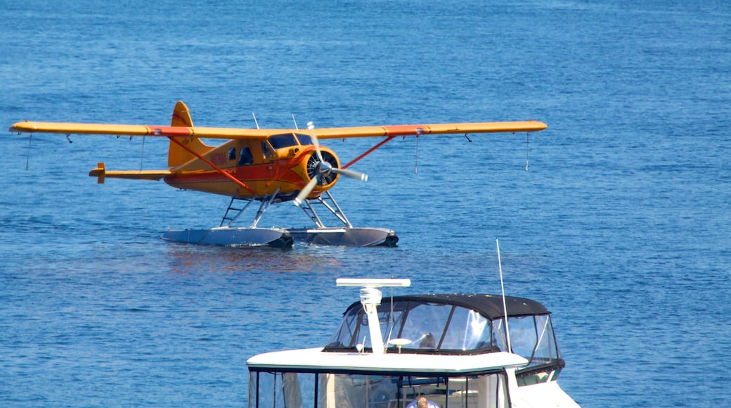 San Juan Island mostrando un avión, embarcaciones y vistas de una costa