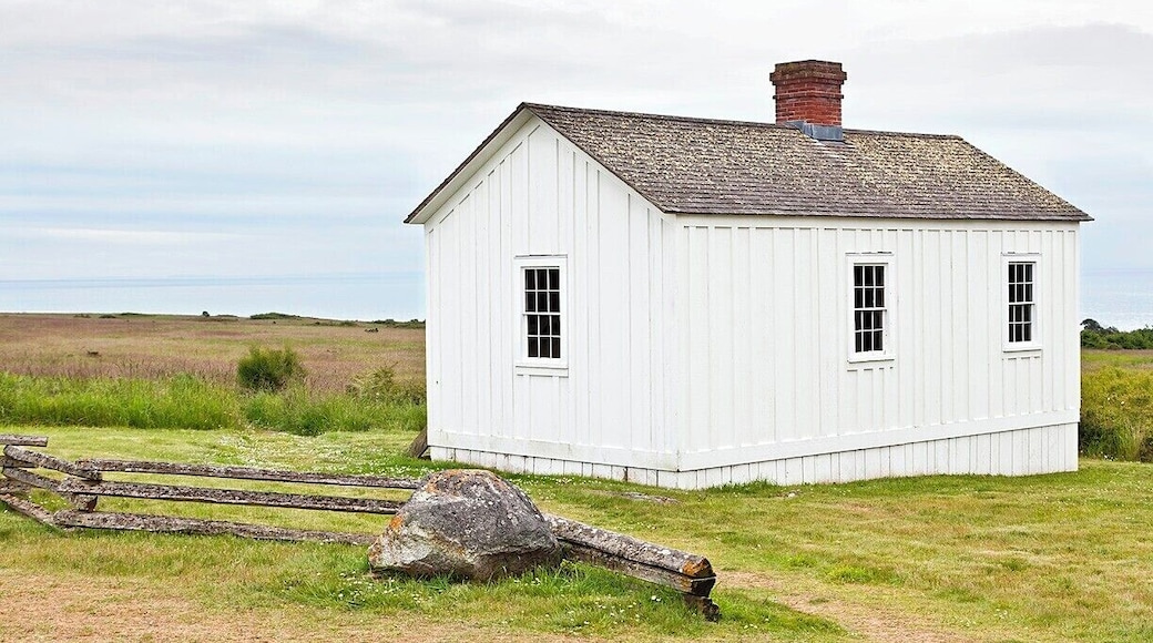 Here we have the laundress' quarters, where as many as three laundresses and their families lived from 1860 to 1872. Each laundress washed the clothes of around 20 soldiers and earned about $20/month. She also had to be married, and if she lost her husband she had 60 days to find another or would be discharged from the camp.
The building itself isn't all that interesting, other than that is has survived for 150 years. After the camp was closed the house was purchased by Edward Warbass and moved to Friday Harbor where it survived as a private residence until 1972, at which time the Park Service purchased it, moved it back to it's original location, and restored it.