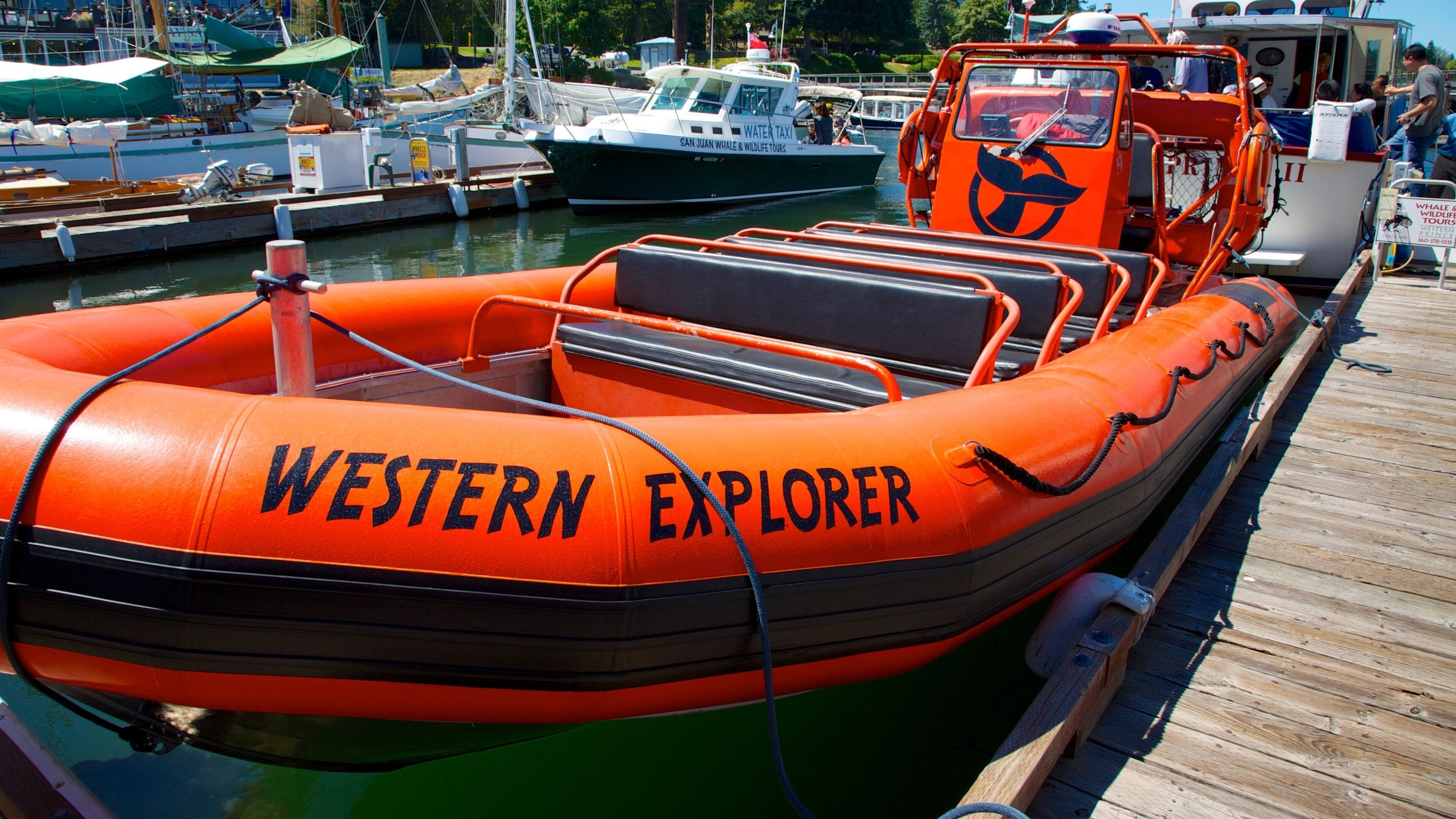An orange inflatable boat named "Western Explorer" docked at a marina.