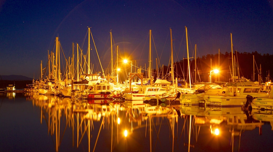 San Juan Island que incluye embarcaciones, escenas nocturnas y un puerto deportivo