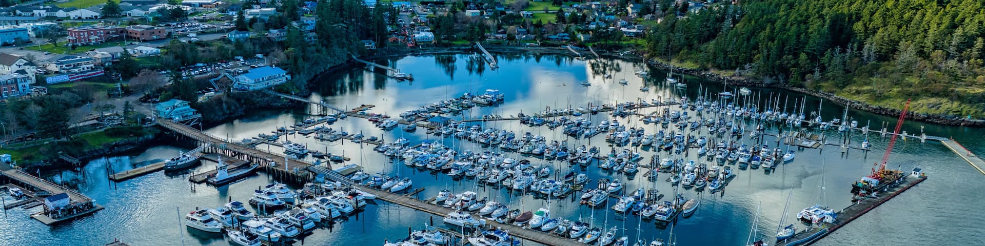 A marina with numerous boats docked, surrounded by a forested landscape and a town in the background.
