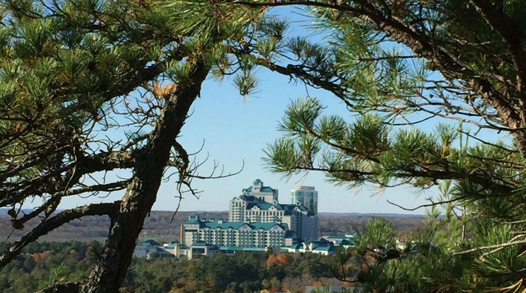 View from the Lantern Hill hiking trail with Foxwoods Resort Casino in Mashantucket, Connecticut seen through the trees