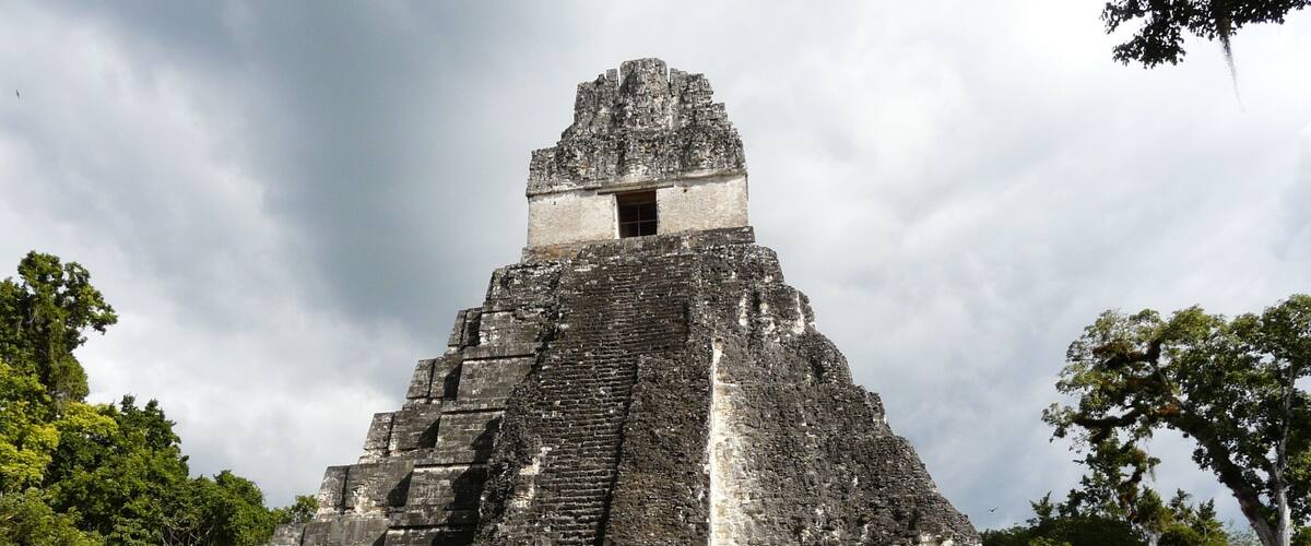 A large pyramid structure with a staircase leading to the top, surrounded by lush greenery and trees.