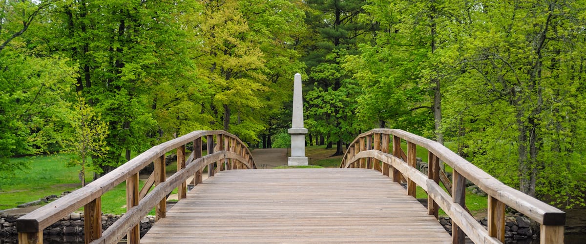 A wooden bridge with a central monument in a forested area.