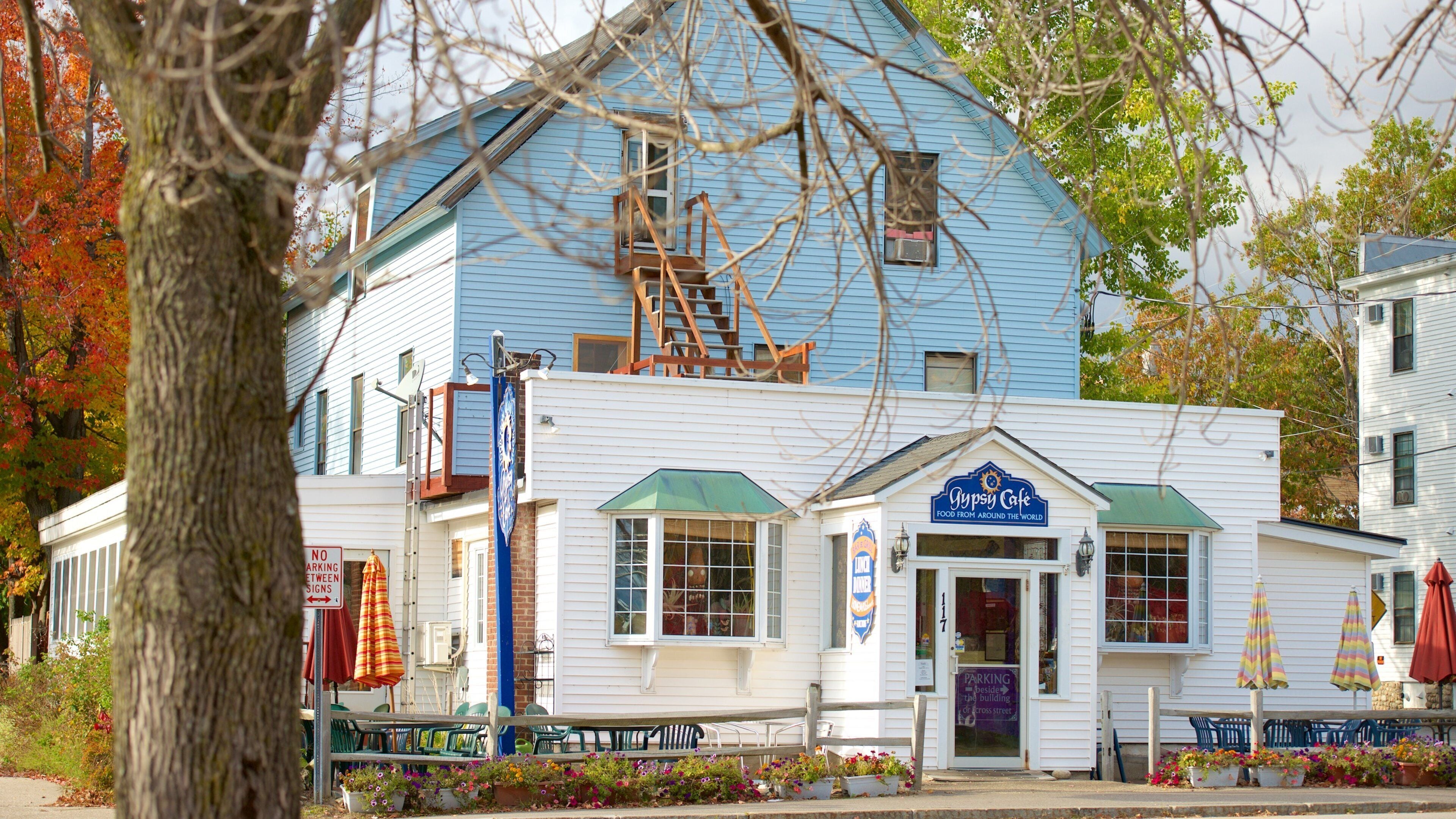 A blue building with a sign reading Gypsy Cafe.