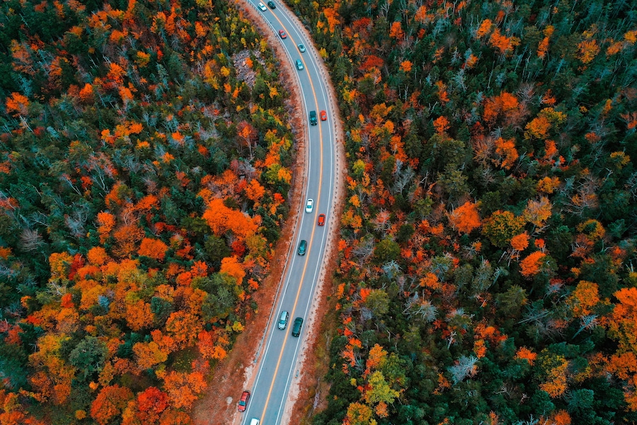 Aerial Drone Photography Of The Kancamagus Highway In Lincoln, NH (New Hampshire) During The Fall Foliage Season