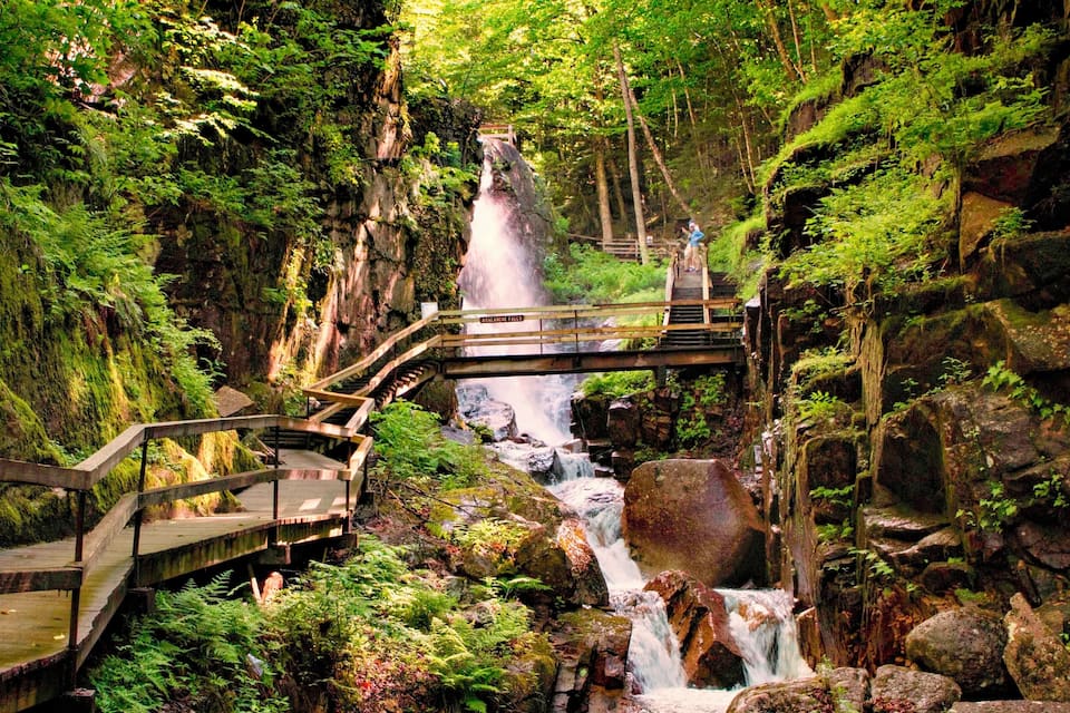 A wooden bridge over a waterfall surrounded by lush greenery.