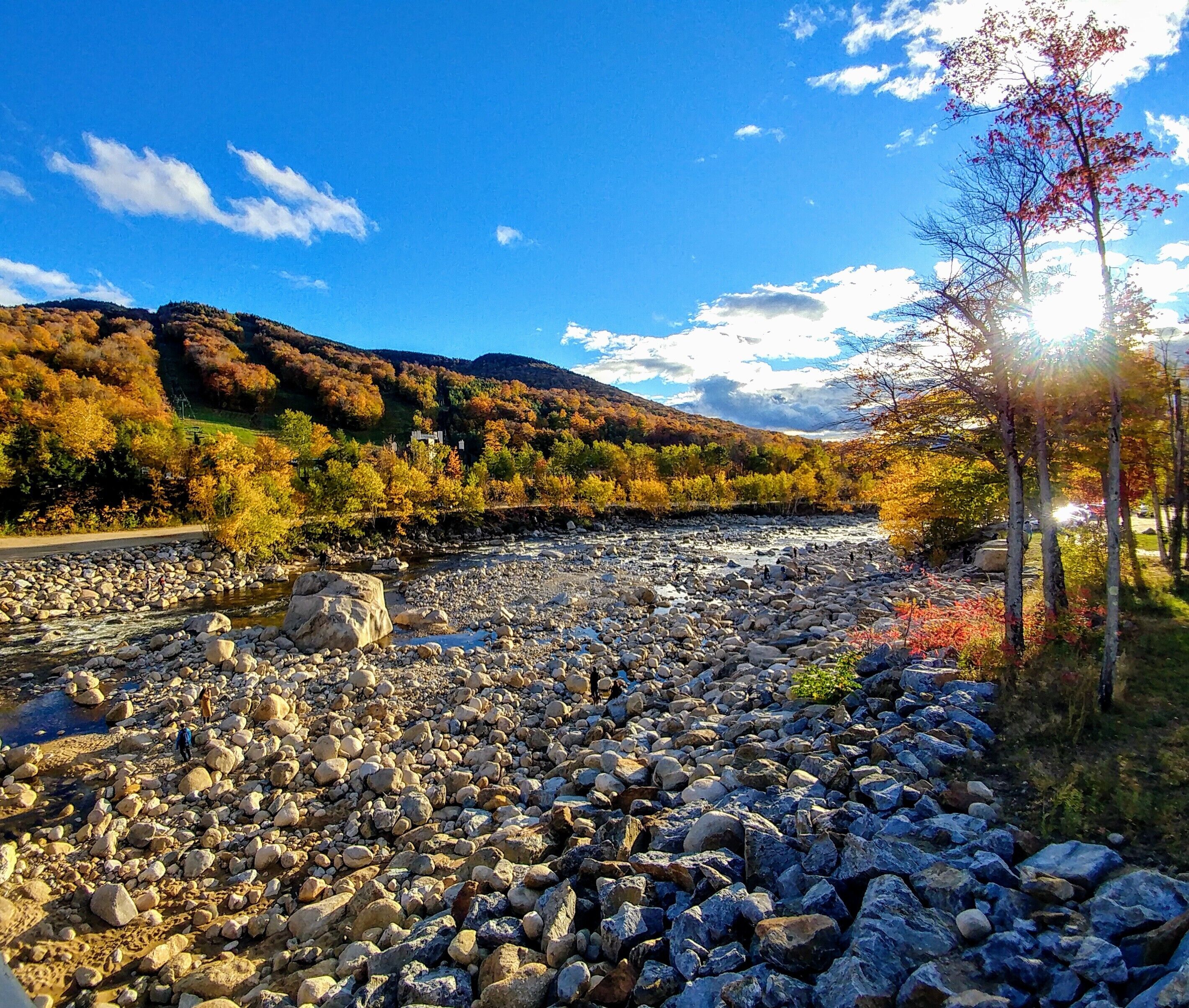 A rocky riverbed with autumn foliage, a clear sky, and distant hills.