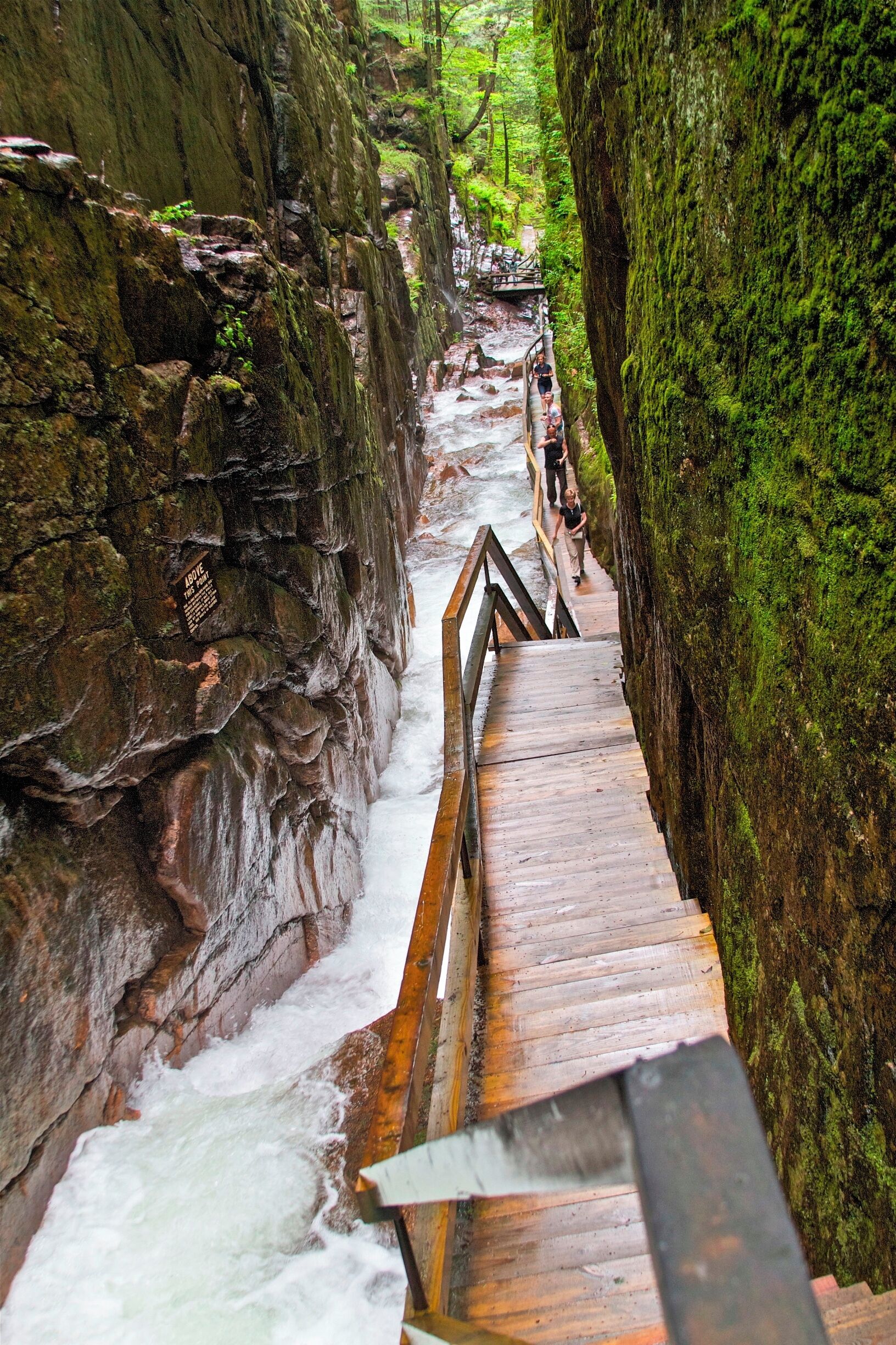 A wooden staircase leading down a rocky gorge with a flowing river below.