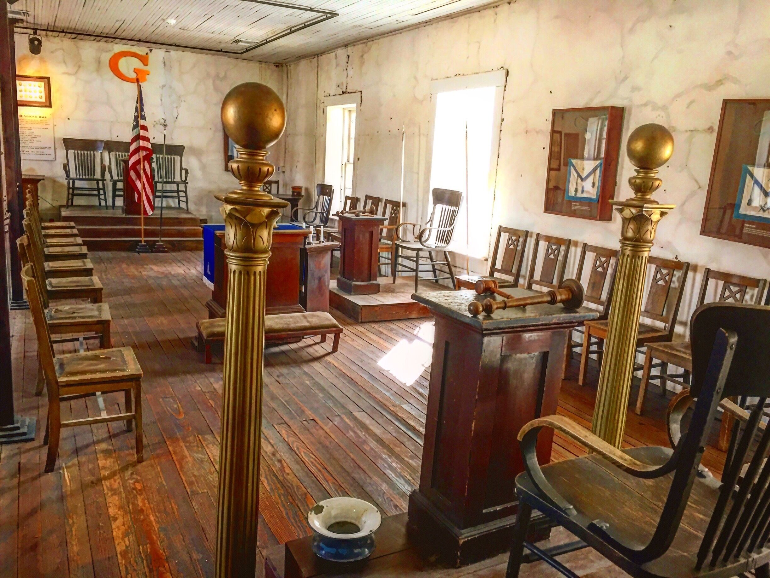 This secret Grand Masonic Lodge is located above the billiard room in "The House", which is now the Old Lincoln County Courthouse. 