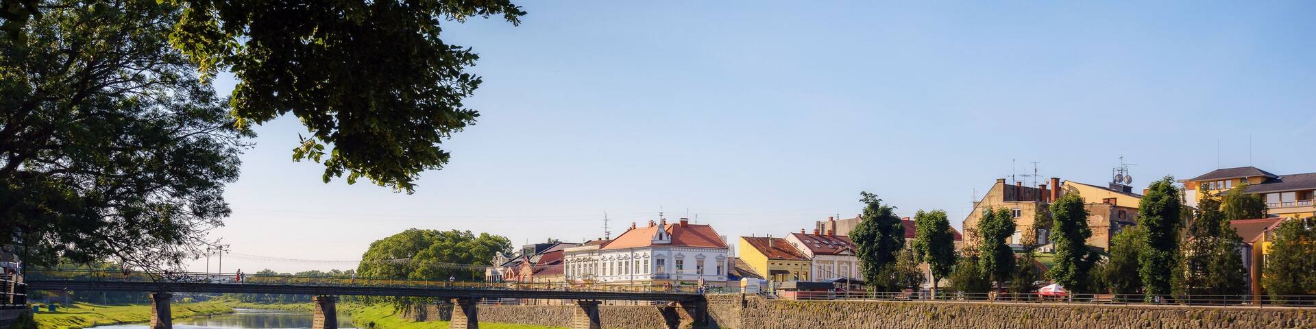 old town with river. embankment with linden trees in blossom. bridge and old buildings in the distance in morning light