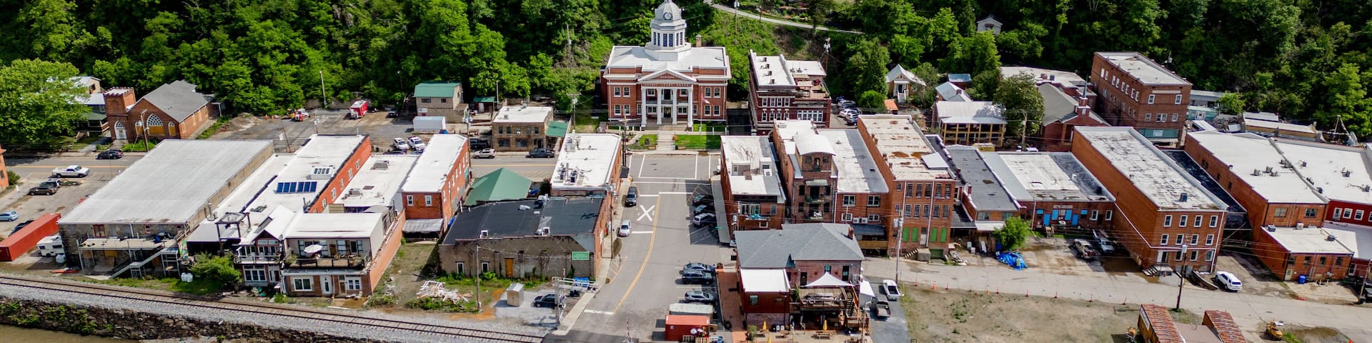 view of downtown marshall north carolina with river