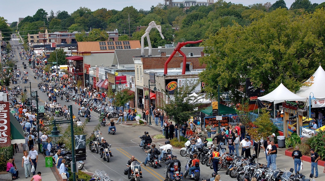 Fayetteville which includes motorcycle riding and street scenes as well as a large group of people