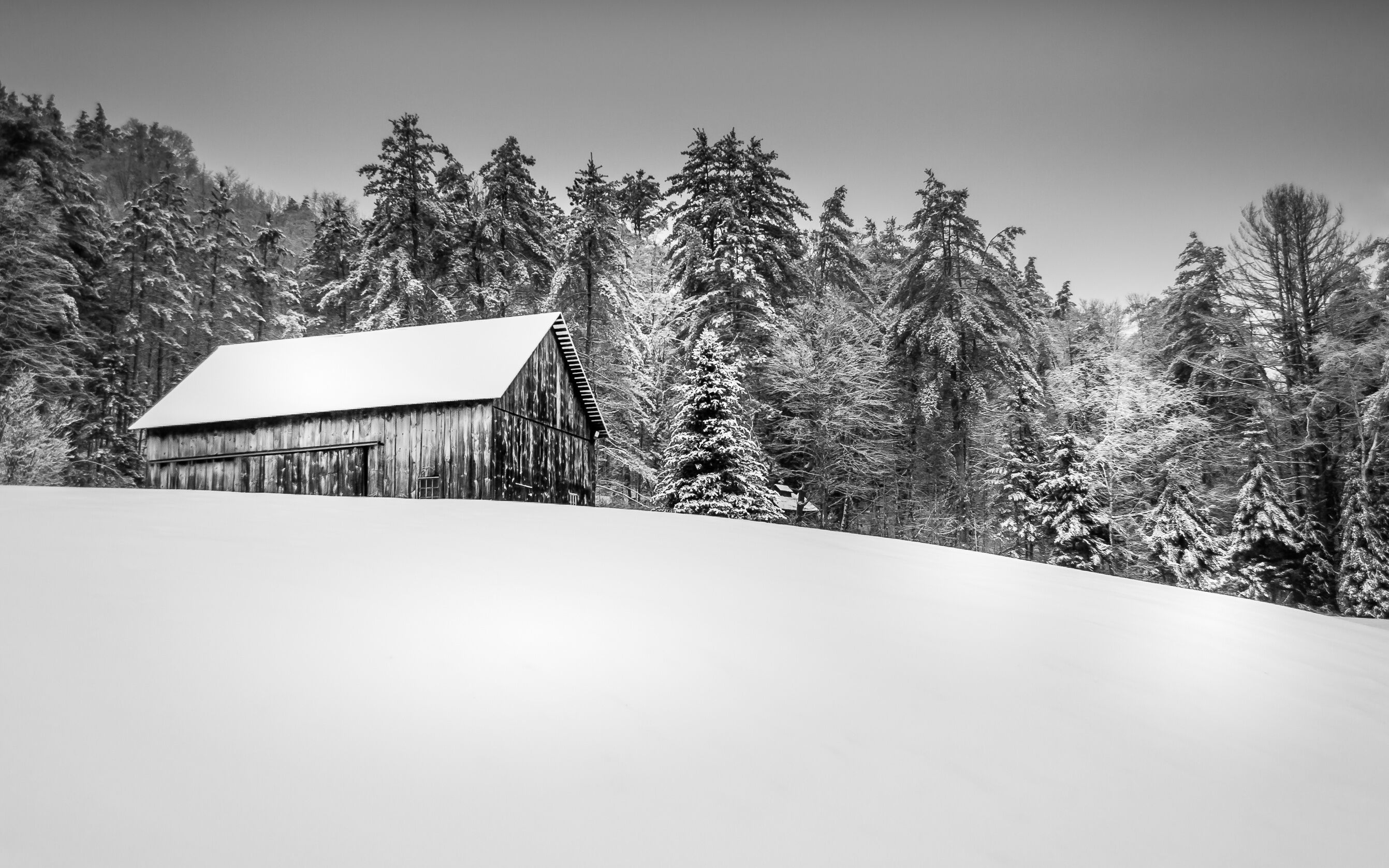 Old wooden barn on the hill covered with snow and forest in the background. Winter scenery in Vermont. 