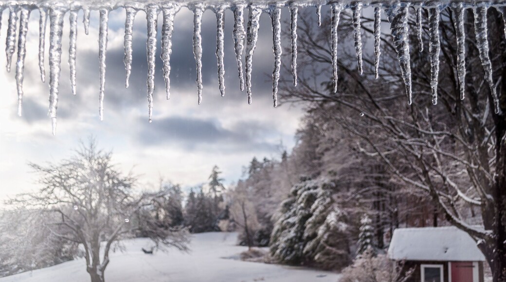 The white winter wonderland scenery in Londonderry, Vermont with snow covered trees, icicles and blue cloudy sky in the background on a cold day. Selective focus.