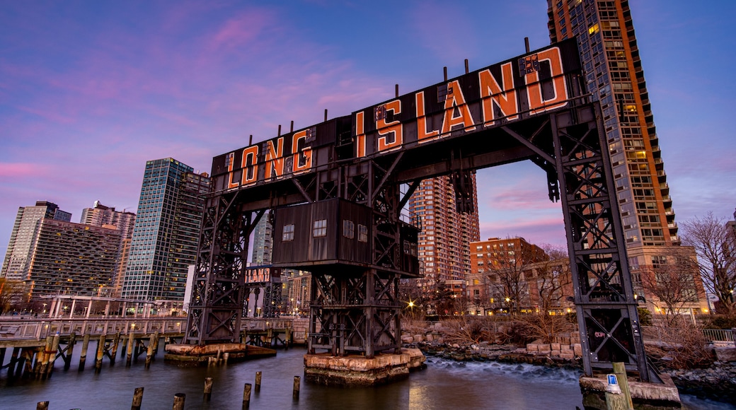 Sunset Pink Sky Over Long Island City Sign at Gantry Plaza State Park in Queens New York