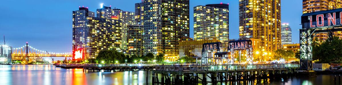 Long Island City skyline at dusk. LIC is the westernmost residential and commercial neighborhood of the NYC borough of Queens