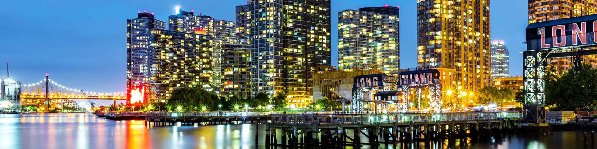 Long Island City skyline at dusk. LIC is the westernmost residential and commercial neighborhood of the NYC borough of Queens