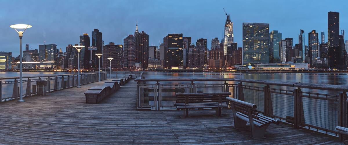 Panorama of Gantry Plaza State Park in Long Island City, Queens, New York in early morning