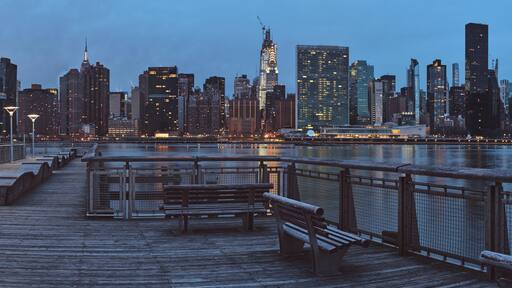 Panorama of Gantry Plaza State Park in Long Island City, Queens, New York in early morning