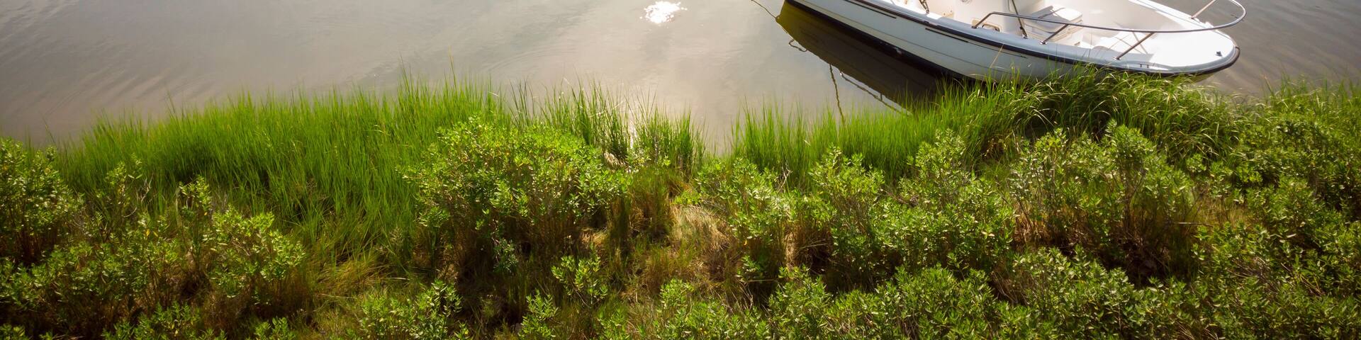 Center console boat on Long Island, NY. Photographed by drone.
