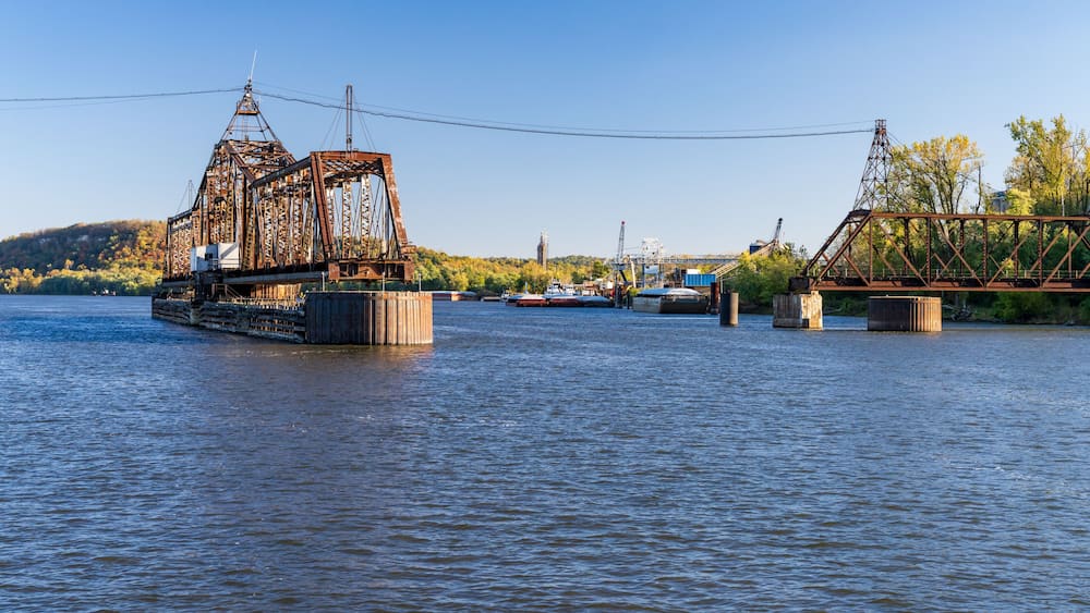 Open swing span of Louisiana railroad bridge across the upper Mississippi near the town of Louisiana in Missouri