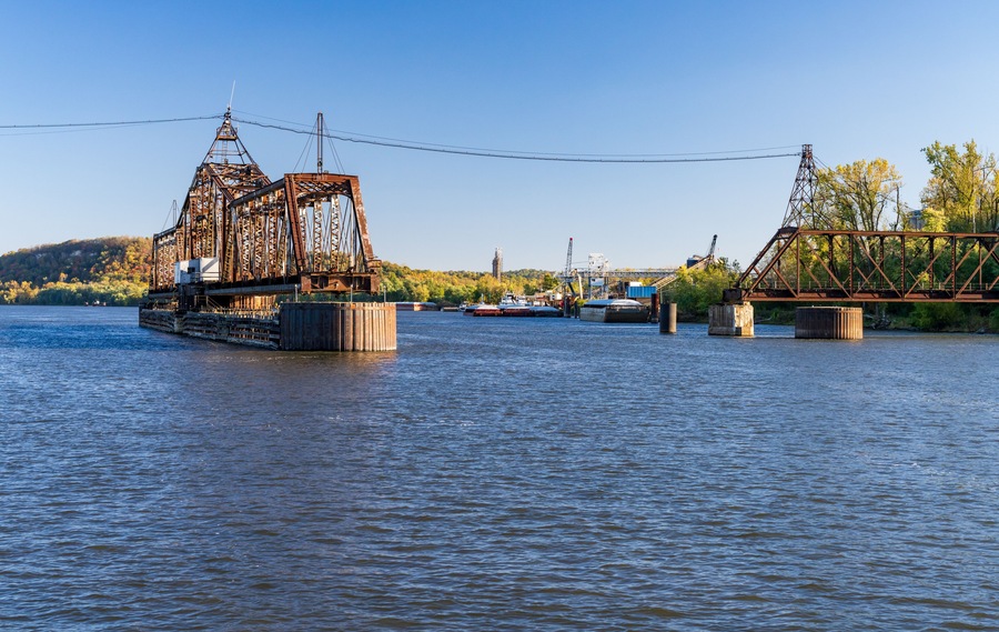 Open swing span of Louisiana railroad bridge across the upper Mississippi near the town of Louisiana in Missouri