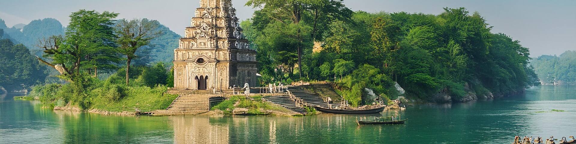 A temple on a river island surrounded by lush greenery and calm water.