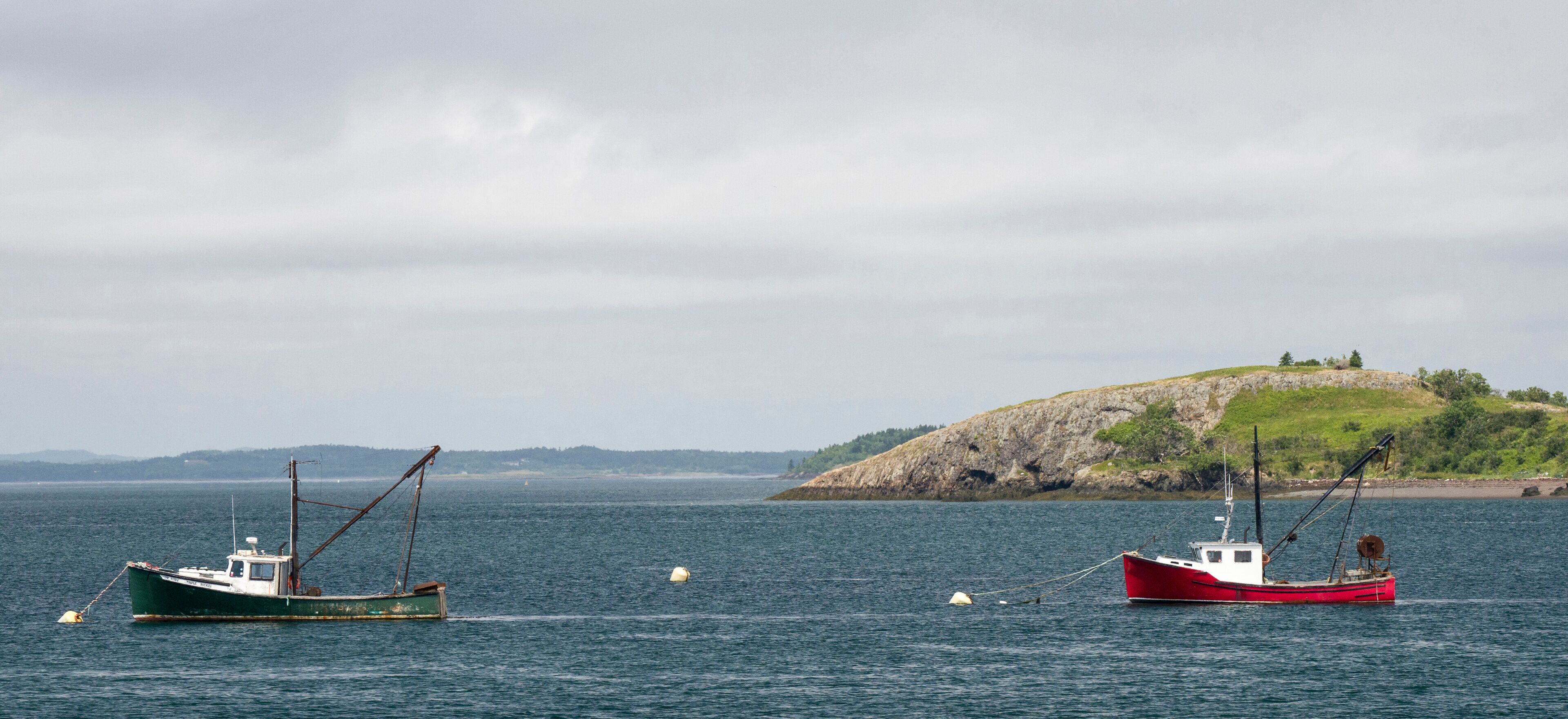 USA, Maine, Lubec. Fishing boat anchored at Lubec, Maine.