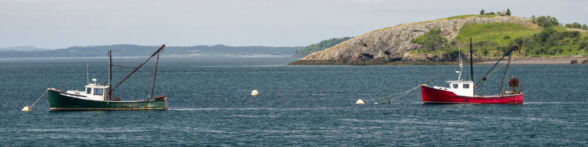 USA, Maine, Lubec. Fishing boat anchored at Lubec, Maine.
