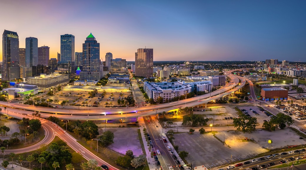 Night urban landscape of downtown district of Tampa in Florida, USA. American city skyline with brightly illuminated high commercial buildings and high speed highway road
