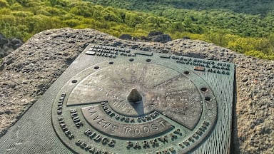 Uma placa de metal presa a uma rocha, com inscrições, emoldurada por uma paisagem montanhosa.
