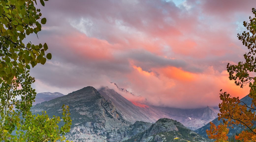 Fall colors and sunset over longs peak and bear lake in rocky mountain national park