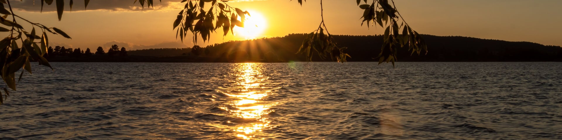 Atardecer sobre una masa de agua con reflejos del sol, rodeado de árboles.