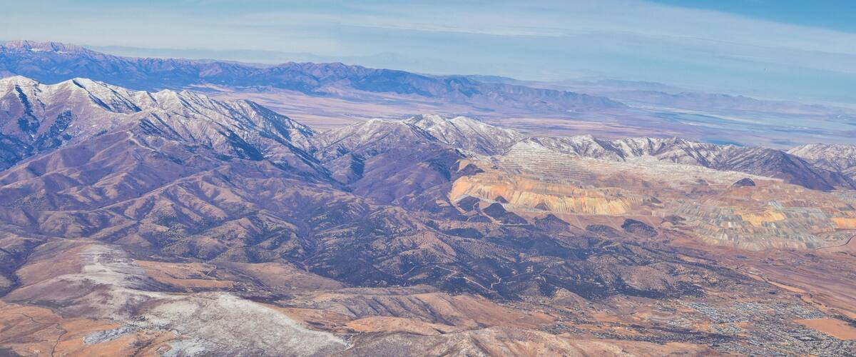 Rocky Mountains, Oquirrh range aerial views, Wasatch Front Rock from airplane. South Jordan, West Valley, Magna and Herriman, by the Great Salt Lake Utah. United States of America. USA.