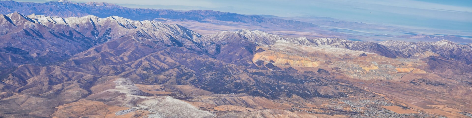 Rocky Mountains, Oquirrh range aerial views, Wasatch Front Rock from airplane. South Jordan, West Valley, Magna and Herriman, by the Great Salt Lake Utah. United States of America. USA.