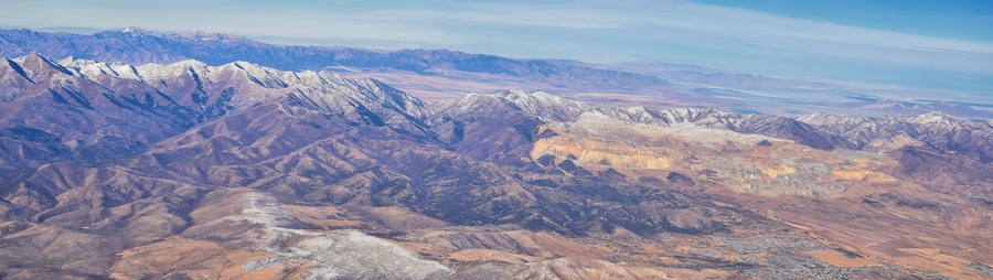 Rocky Mountains, Oquirrh range aerial views, Wasatch Front Rock from airplane. South Jordan, West Valley, Magna and Herriman, by the Great Salt Lake Utah. United States of America. USA.