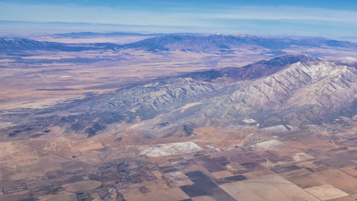 Rocky Mountains, Oquirrh range aerial views, Wasatch Front Rock from airplane. South Jordan, West Valley, Magna and Herriman, by the Great Salt Lake Utah. United States of America. USA.