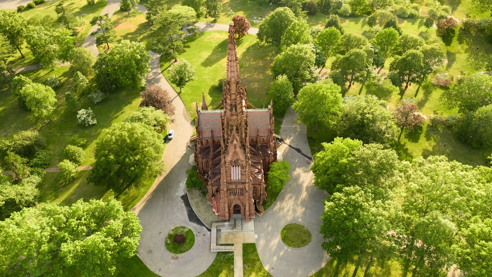 Aerial view of historic landmark Cathedral of the Incarnation in Garden City, Long Island, New York,