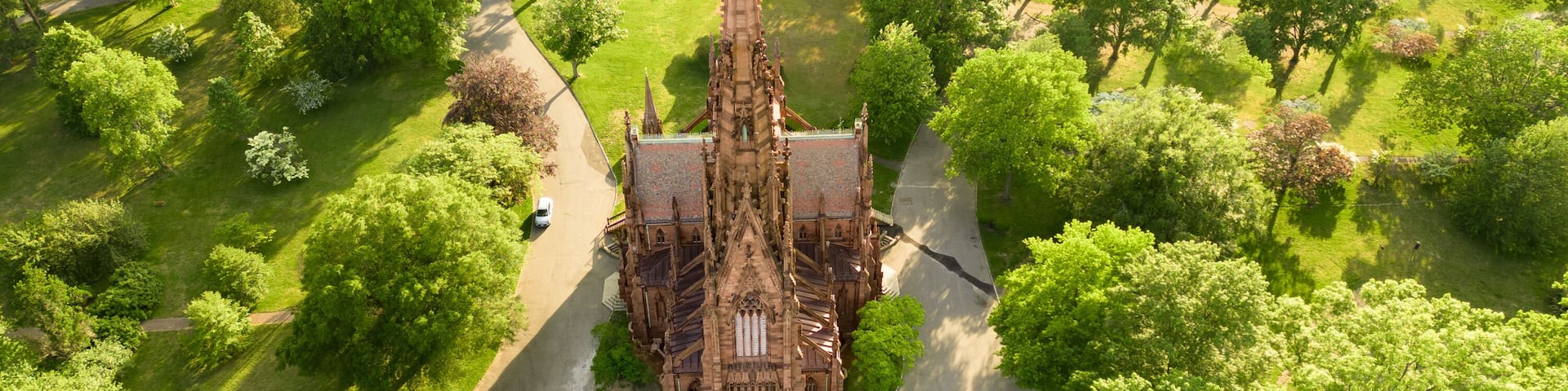 Aerial view of historic landmark Cathedral of the Incarnation in Garden City, Long Island, New York,