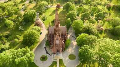 Aerial view of historic landmark Cathedral of the Incarnation in Garden City, Long Island, New York,