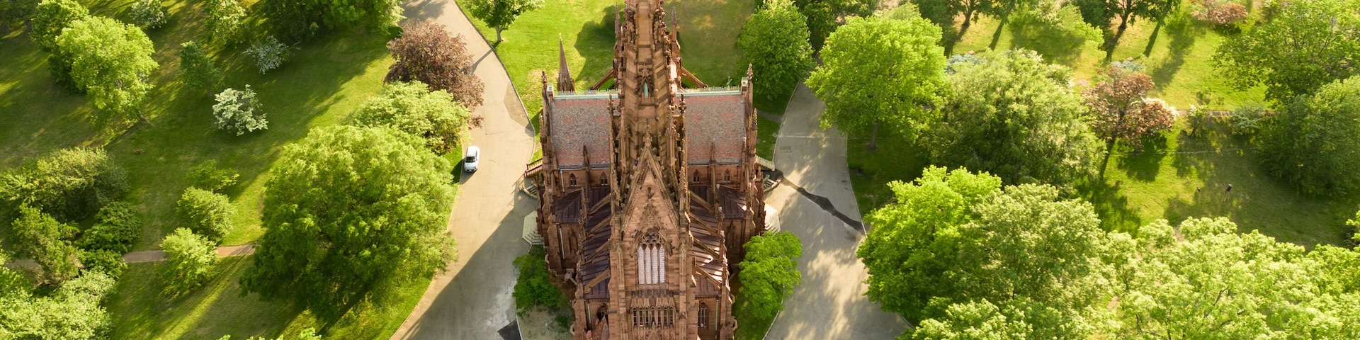 Aerial view of historic landmark Cathedral of the Incarnation in Garden City, Long Island, New York,