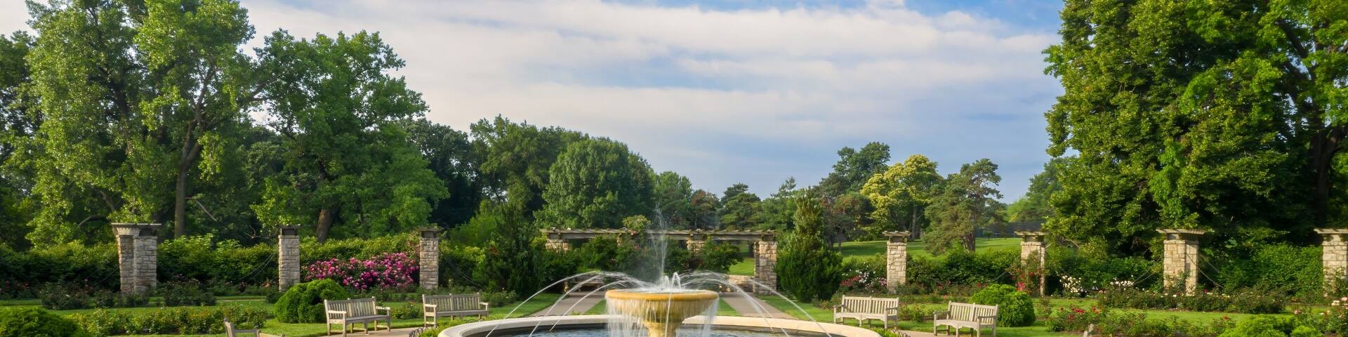 Fountain and rose garden in the Jacob L. Loose Park, Kansas City, Missouri, United States Of America.