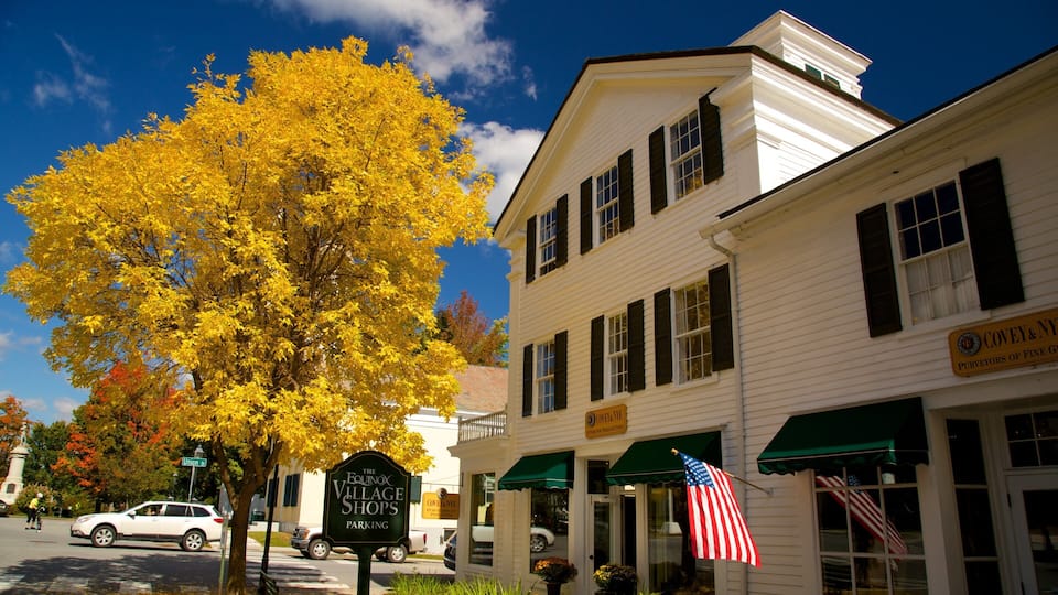 A white building with black shutters, a sign for Covey & NY, and an American flag.