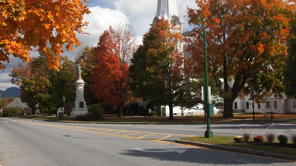 A church steeple with a clock, surrounded by autumn trees.