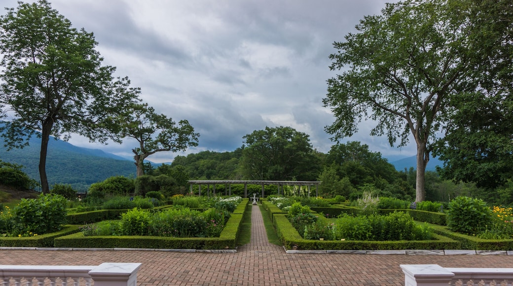 A formal garden with a central pathway, symmetrical hedges, and a pergola under a cloudy sky.